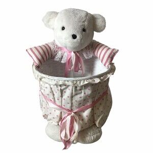 Teddy Bear Wicker Basket White and Pink